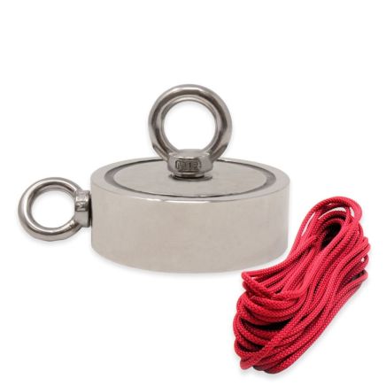 116mm dia x 32mm N42 Neodymium Pot Magnet with 1x M12 and 1x M10 Eyebolt  + 10 metre Rope - 400kg Pull