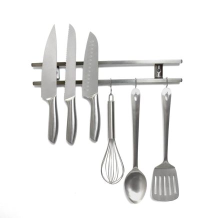 Magnetic Knife Rack With 5 Hook Attachments  Silver