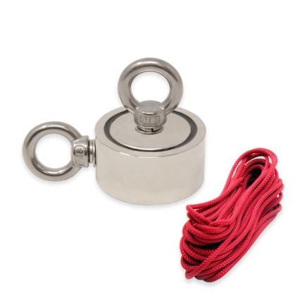 60mm dia x 30mm N42 Neodymium Pot Magnet with 2x M8 Eyebolts + 10 metre Rope - 120kg Pull