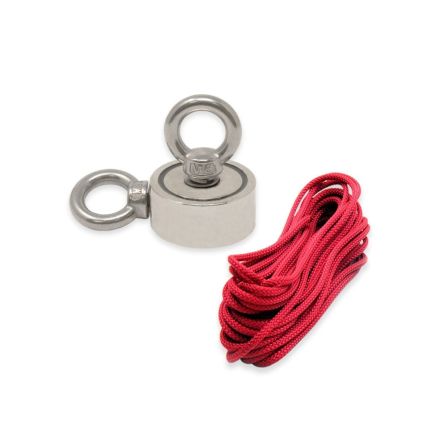 48mm dia x 18mm thick N42 Neodymium Pot Magnet with 2x M8 Eyebolts + 10 metre Rope - 80kg Pull