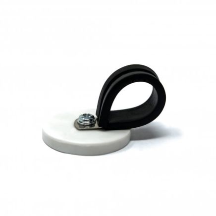 43mm dia x 6mm high Rubber Coated Cable Holding Magnet With 22mm Rubber Clamp - 8kg Pull