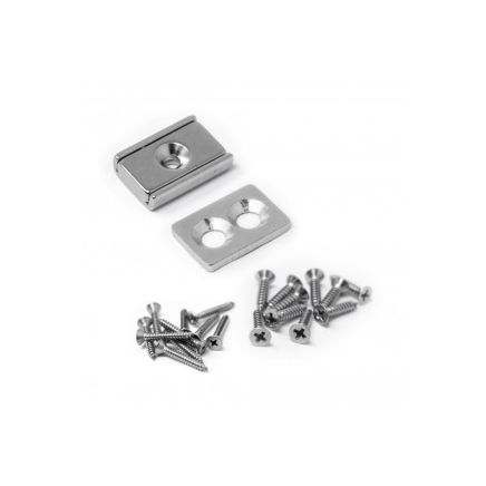 Countersunk Magnet & Steel Plate Pack - 40 x 13.5 x 5mm thick Neodymium Channel Magnet w/ 2x 3.3mm c/sunk holes - 17kg Pull